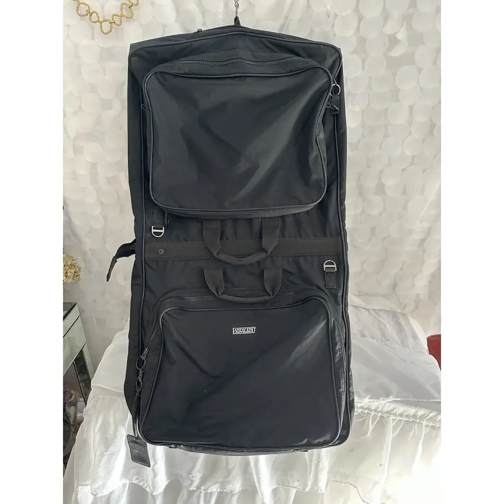 VTG Lands' End Carry On Luggage Black NYLON Garment Bag folding With Strap USA